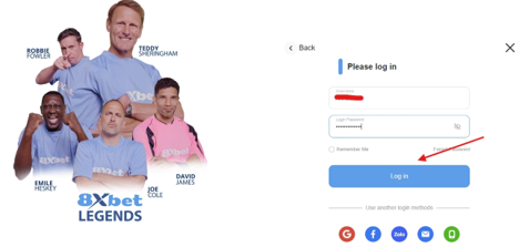 Nhập tên đăng nhập và mật khẩu 8XBET