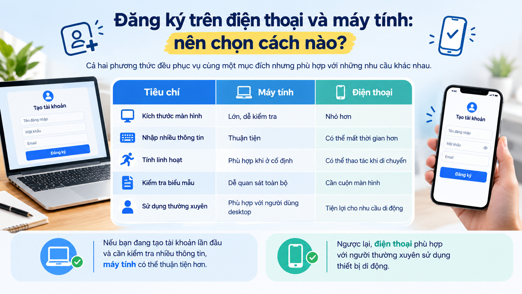 So sánh đăng ký tài khoản trên điện thoại và máy tính