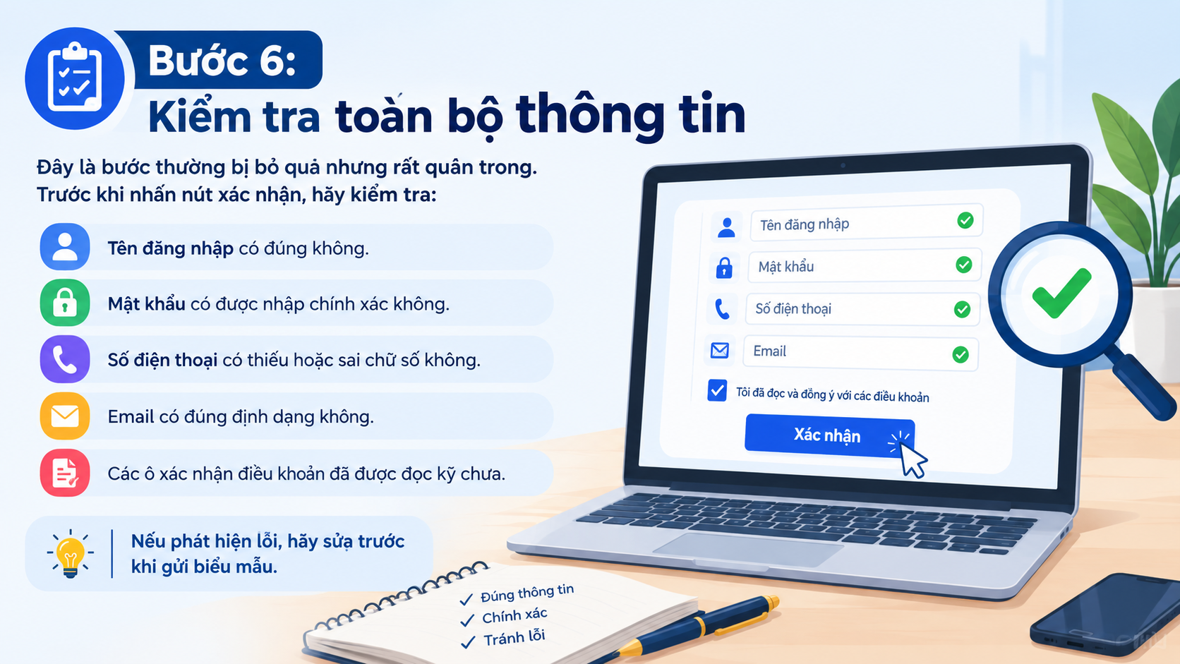 Kiểm tra toàn bộ thông tin trước khi xác nhận biểu mẫu